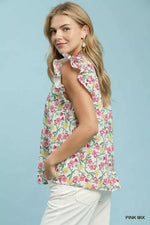 Umgee Floral Print RuffleCap Sleeve Shirt