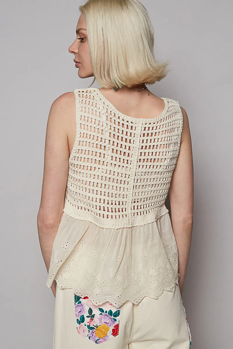 POL Embroidered Detail V-Neck Eyelet Peplum Tank - Ladyez