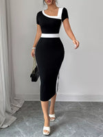 Asymmetrical Neck Short Sleeve Midi Dress
