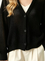 V-Neck Open-Knit Button-Down Cardigan