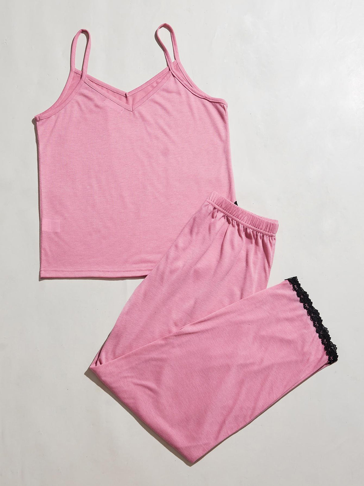 V-Neck Lace Trim Slit Cami and Pants Pajama Set - Ladyez