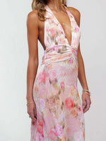 Floral Halter Neck Deep V Maxi Dress - Ladyez