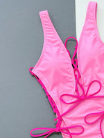 Lace-Up Deep V Sleeveless One-Piece Swimsuit - Ladyez