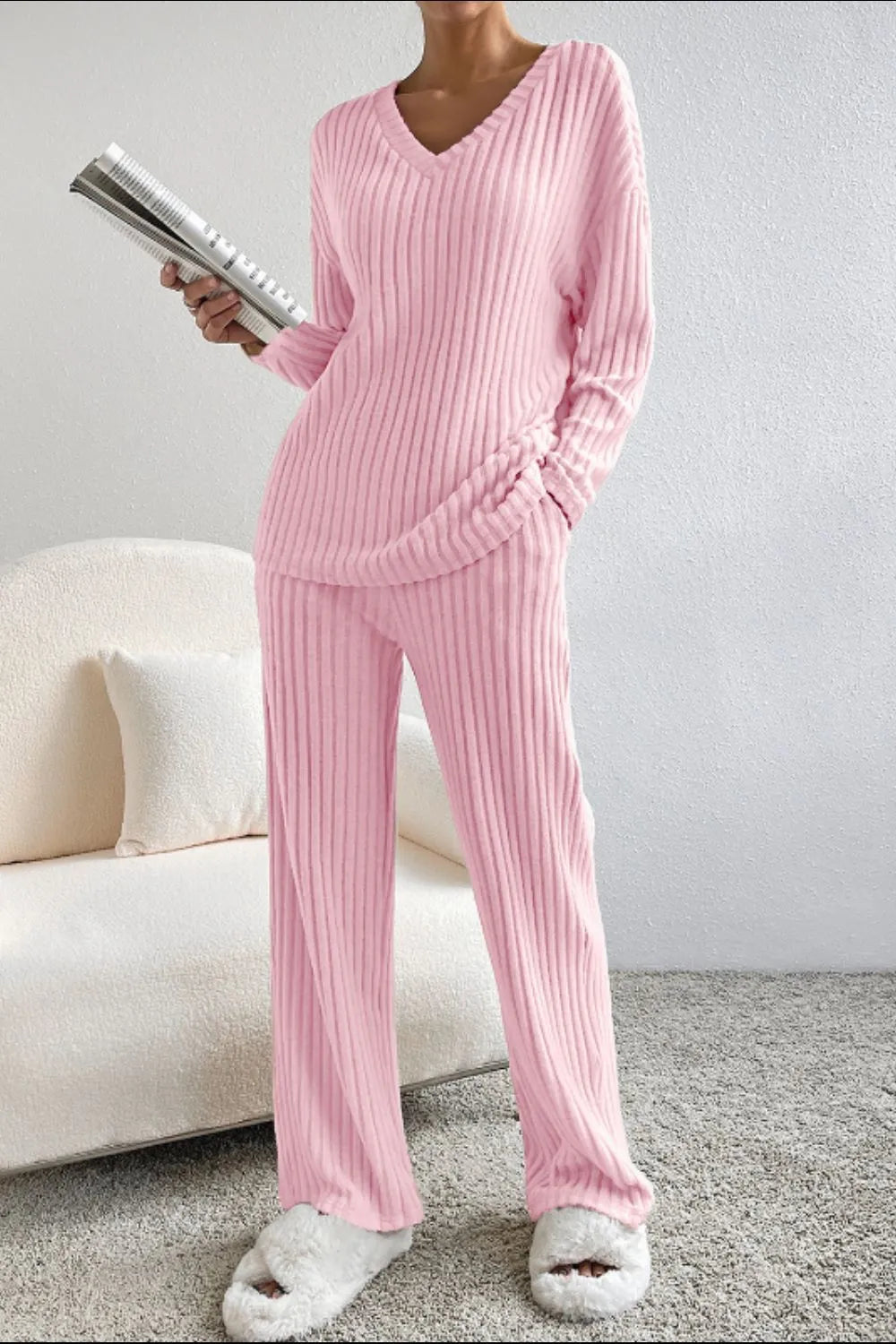 Ribbed V-Neck Top and Pants Lounge Set - Ladyez