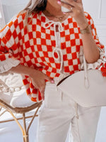 Checkered Tie-Front Knit Cardigan