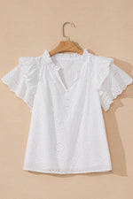 Eyelet Notched Short Sleeve Blouse