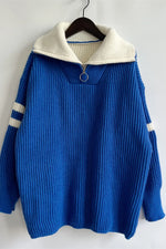 Quarter Zip Striped Dropped Shoulder Sweater