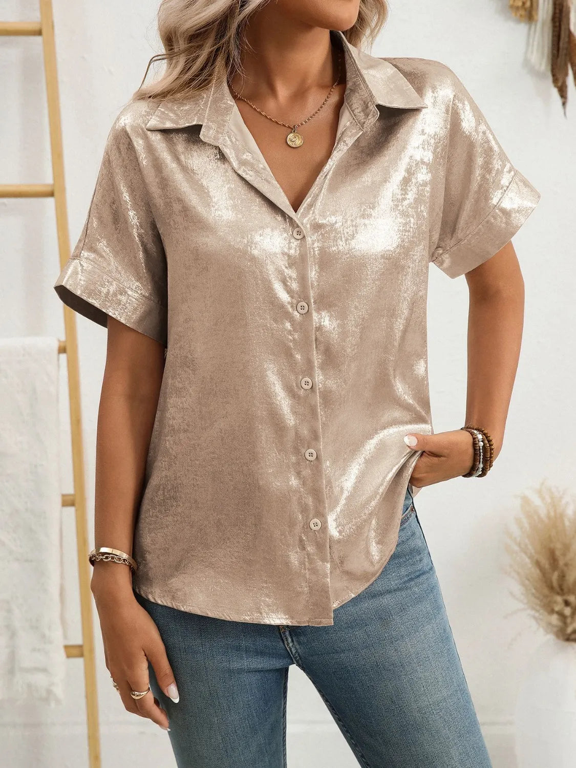 Button Up Short Sleeve Shirt - Ladyez