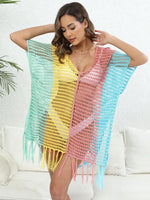 Fringe Color Block Scoop Neck Cover Up - Ladyez