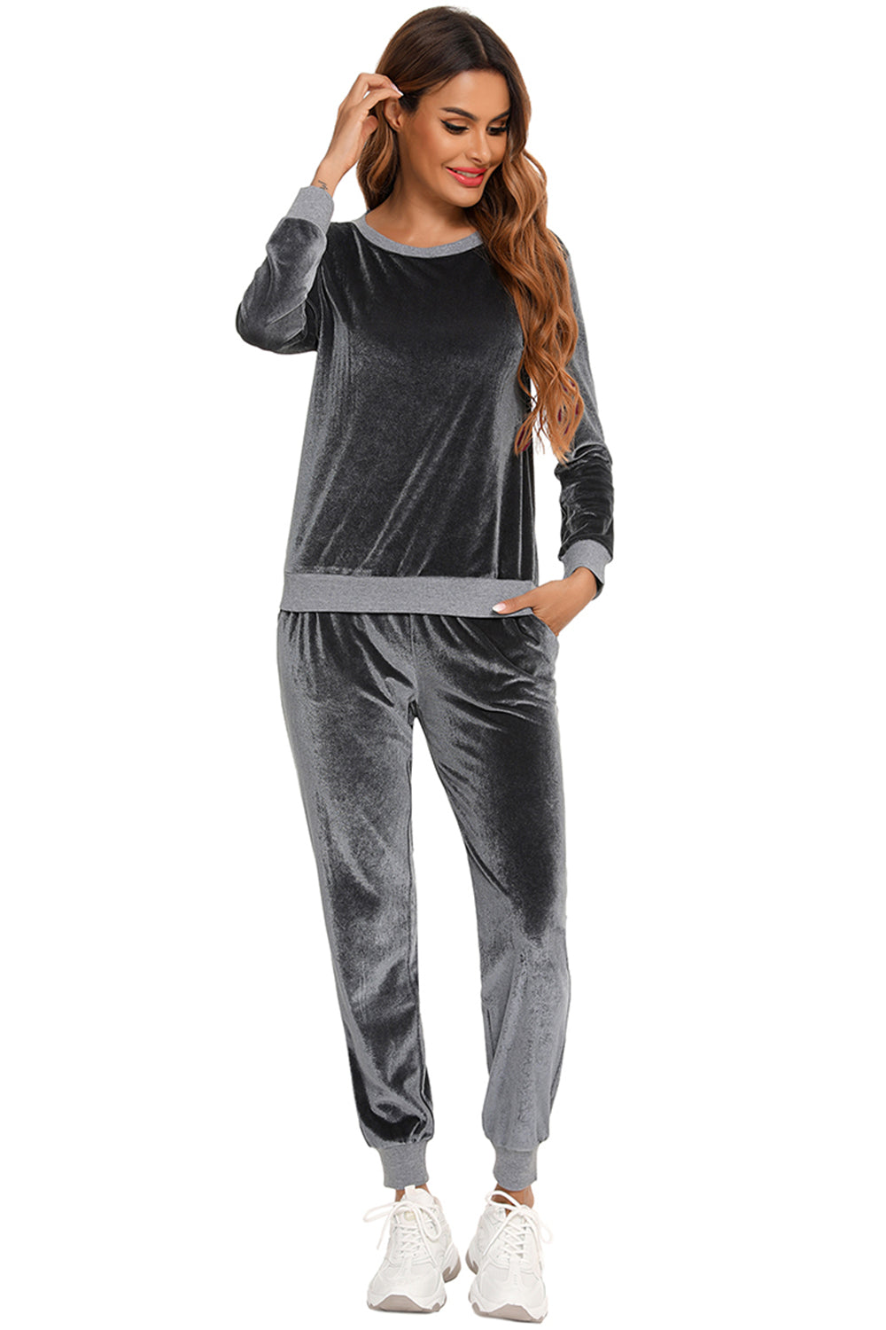 Round Neck Long Sleeve Loungewear Set with Pockets - Ladyez