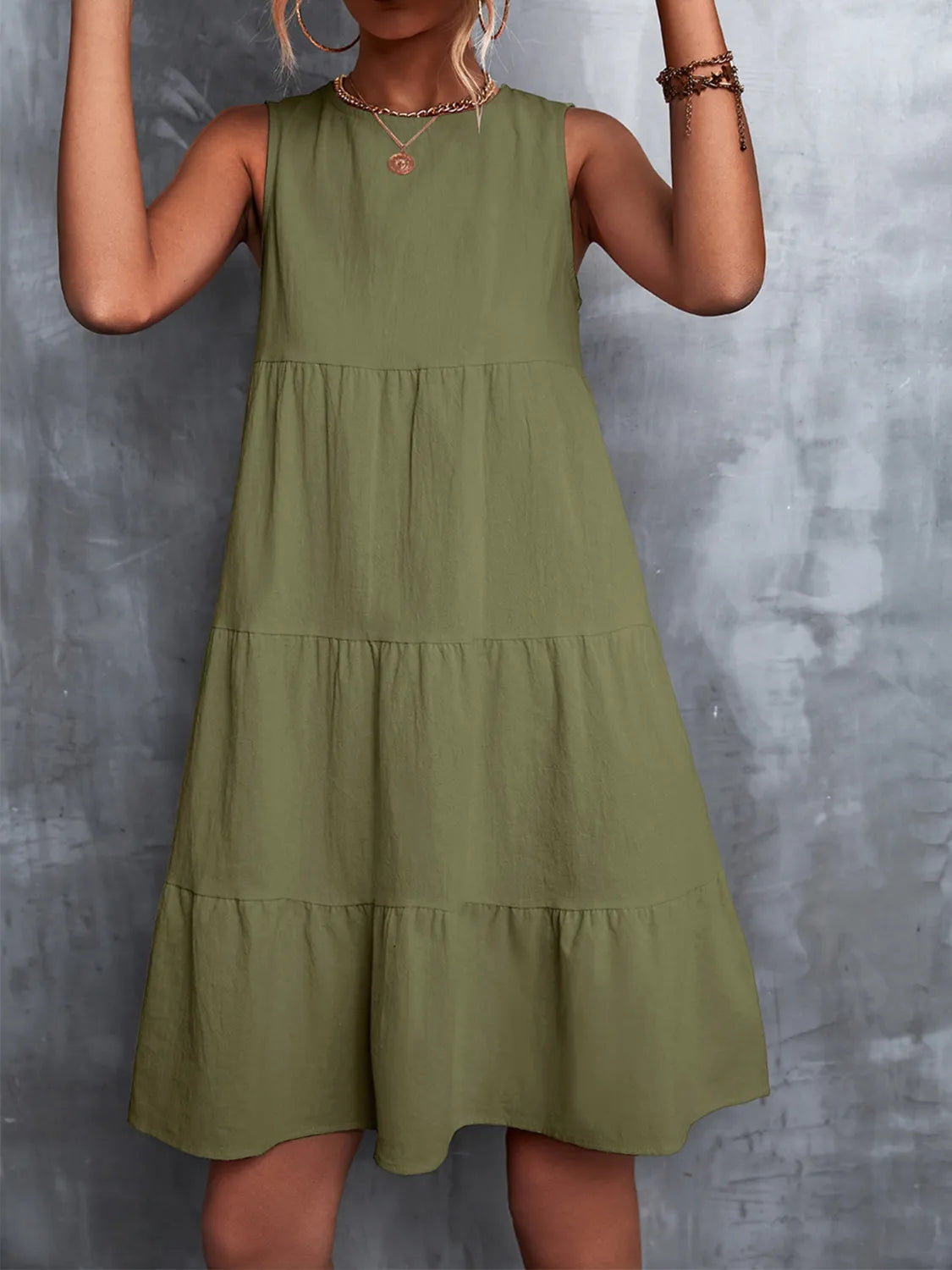 Tiered Round Neck Sleeveless Mini Tank Dress - Ladyez