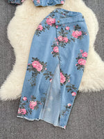Floral Print Sweetheart Neck Cami and Skirt Denim Set