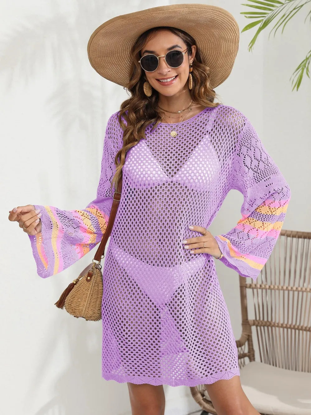 Openwork Contrast Long Sleeve Cover-Up - Ladyez