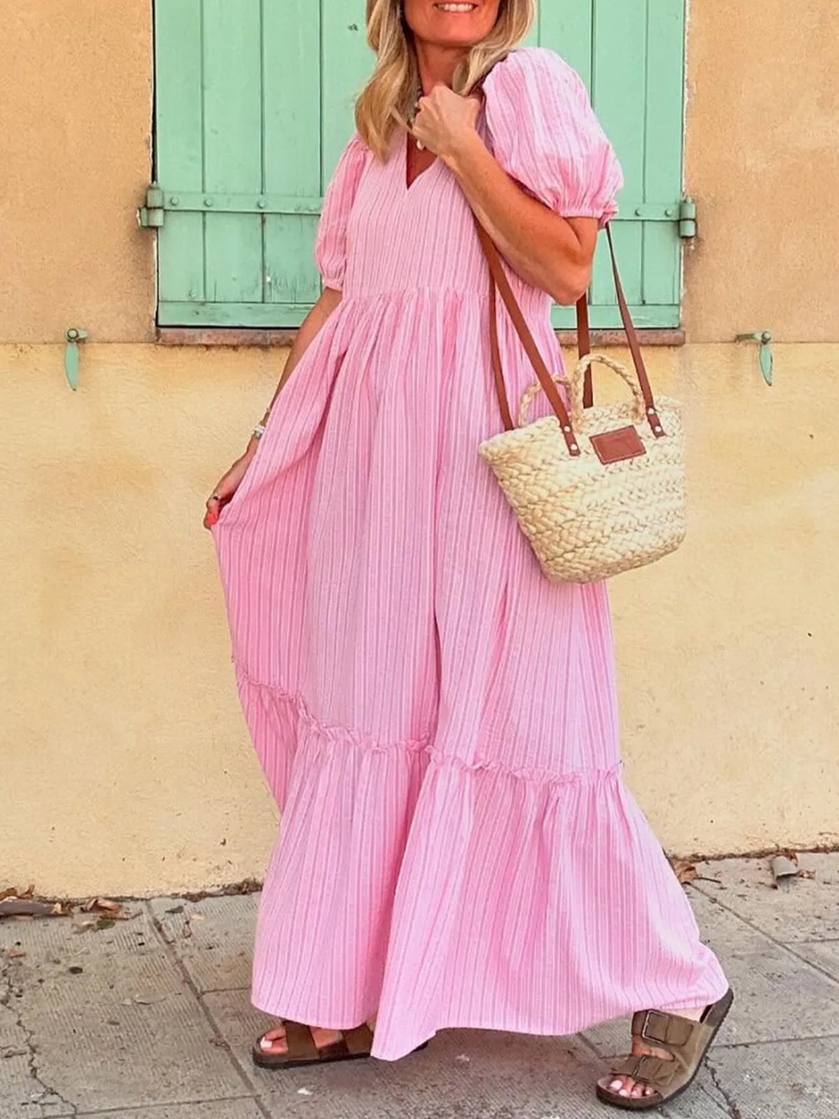 Striped Puff Sleeve V-Neck Maxi Dress - Ladyez