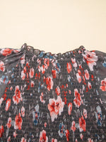 Frilly Smocked Bodice Floral Mesh Long Sleeve Mini Dress