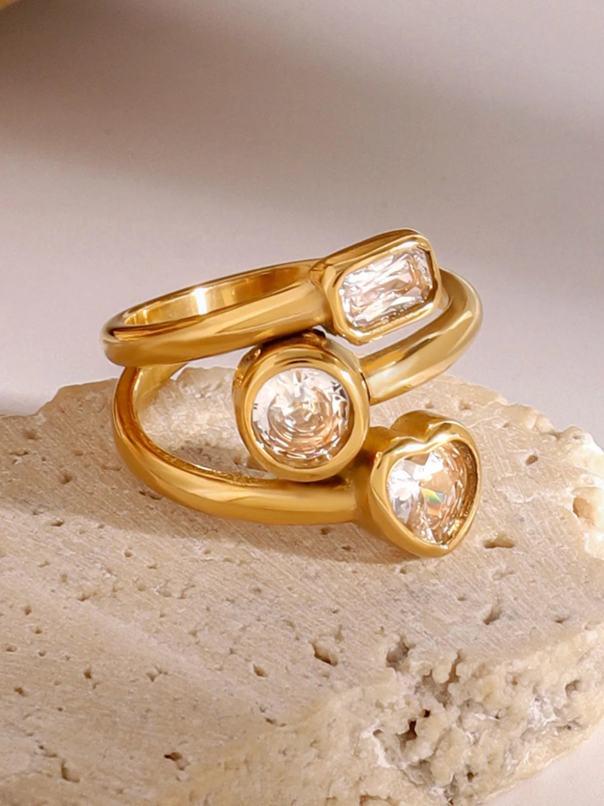 18K Gold-Plated Stainless Steel Geometric Inlaid Zircon Ring - Ladyez