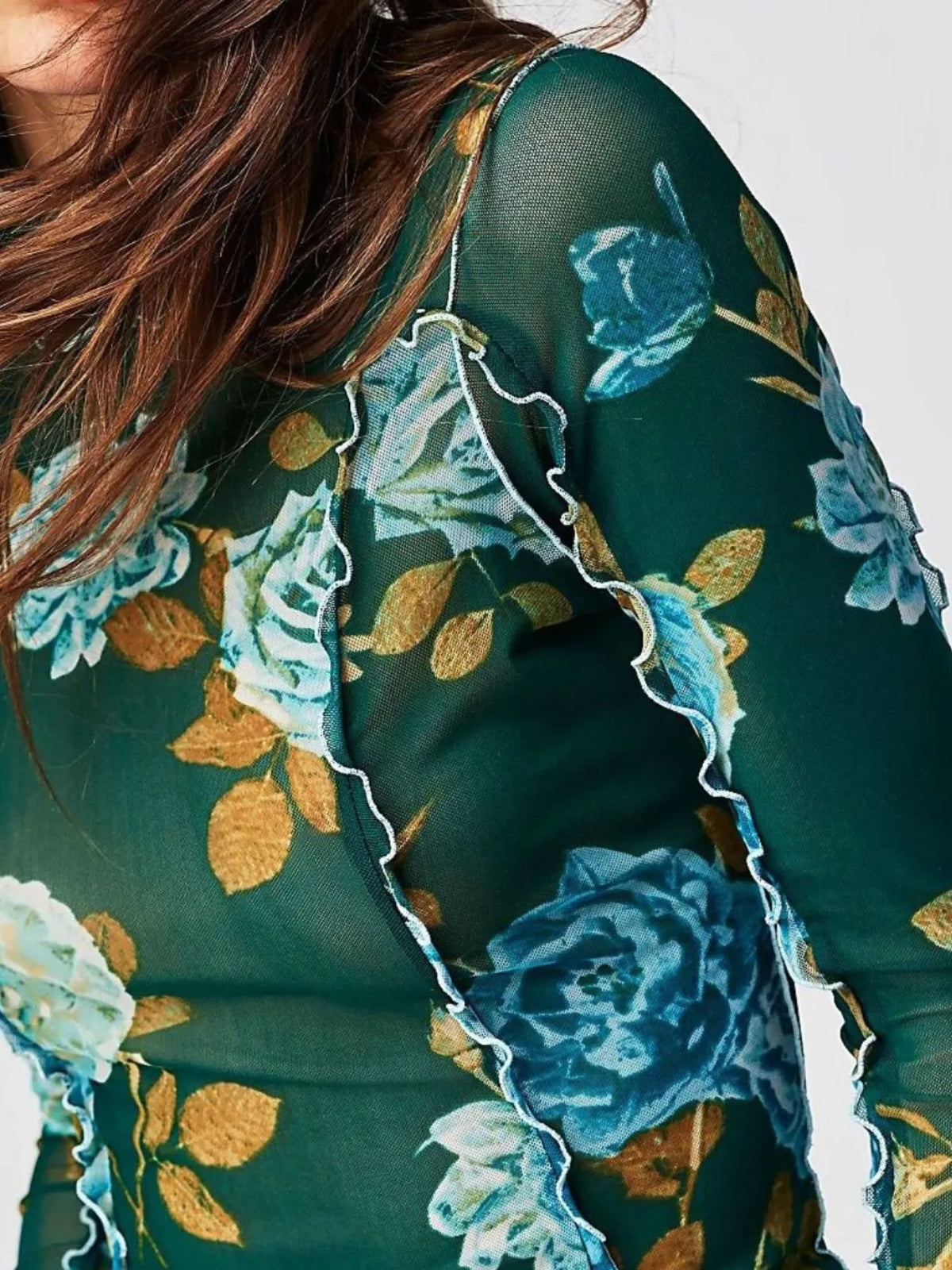 Floral Print Mock Neck Long Sleeve Top - Ladyez