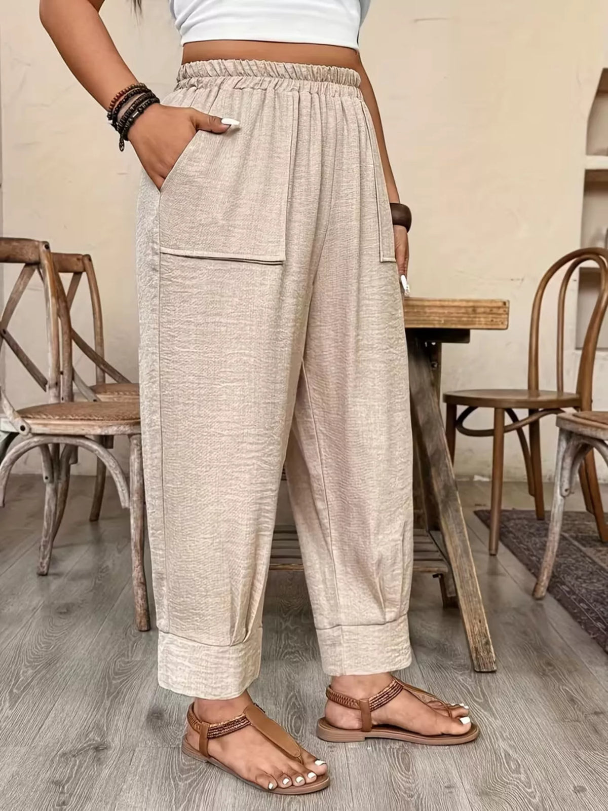 Plus Size High-Waisted Elastic Waist Pants with Pockets