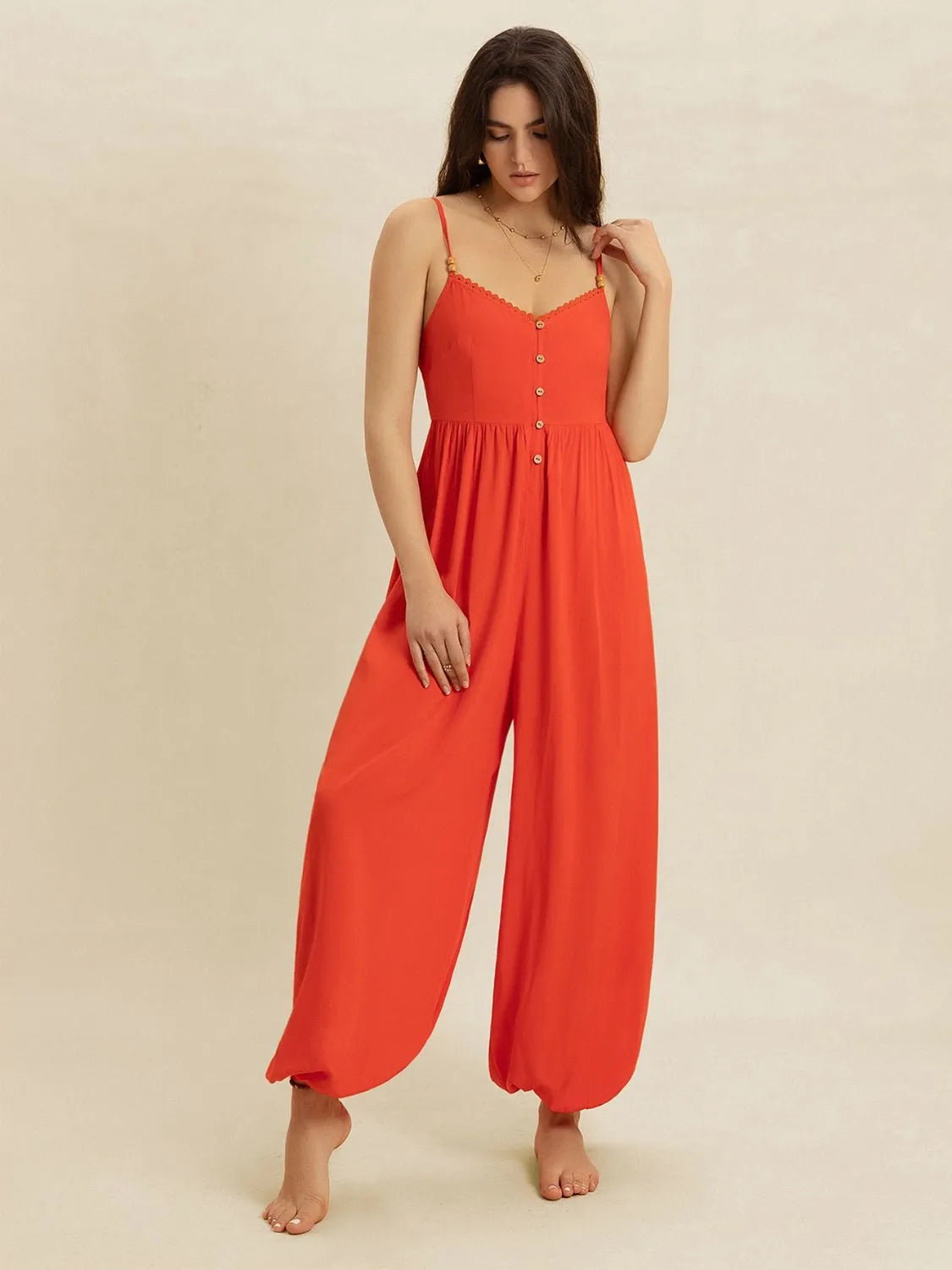 V-Neck Spaghetti Strap Jumpsuit - Ladyez