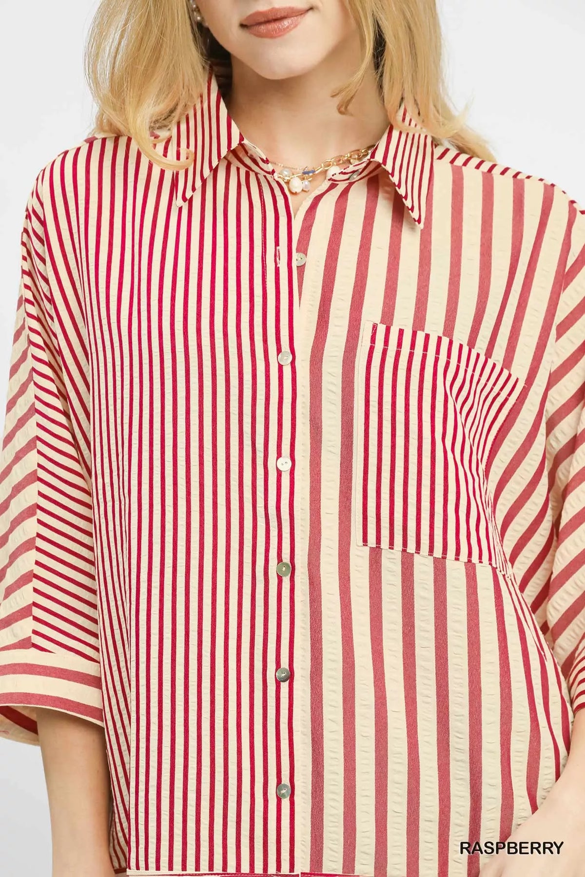 Umgee Mixed Stripe Oversized Button Down Top