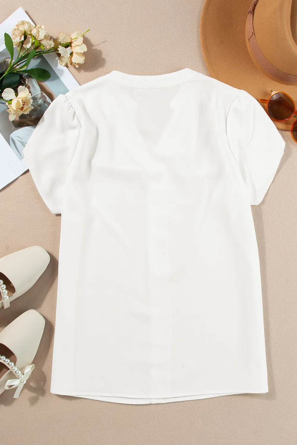 Short Sleeve Notched Blouse - Ladyez
