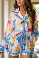 Bow Print Collared Neck Top and Shorts Lounge Set - Ladyez