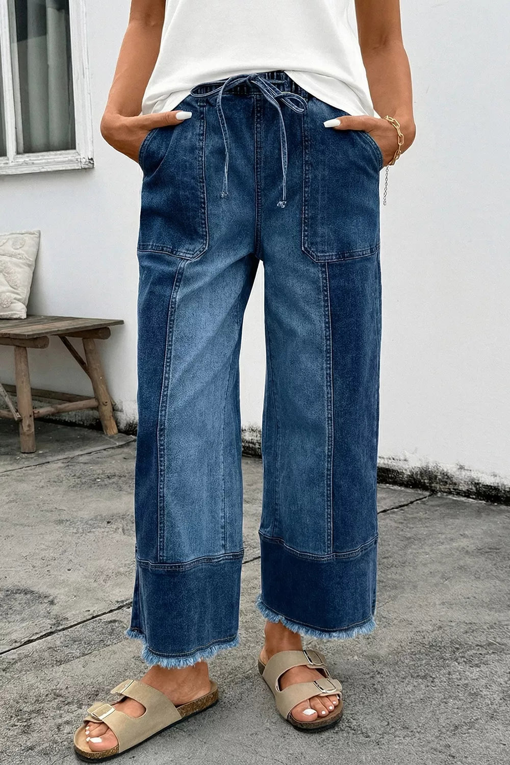 Drawstring Seam Detail Raw Hem Wide Leg Denim Pants