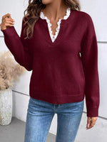 Lace Trim Notched Long Sleeve Sweater