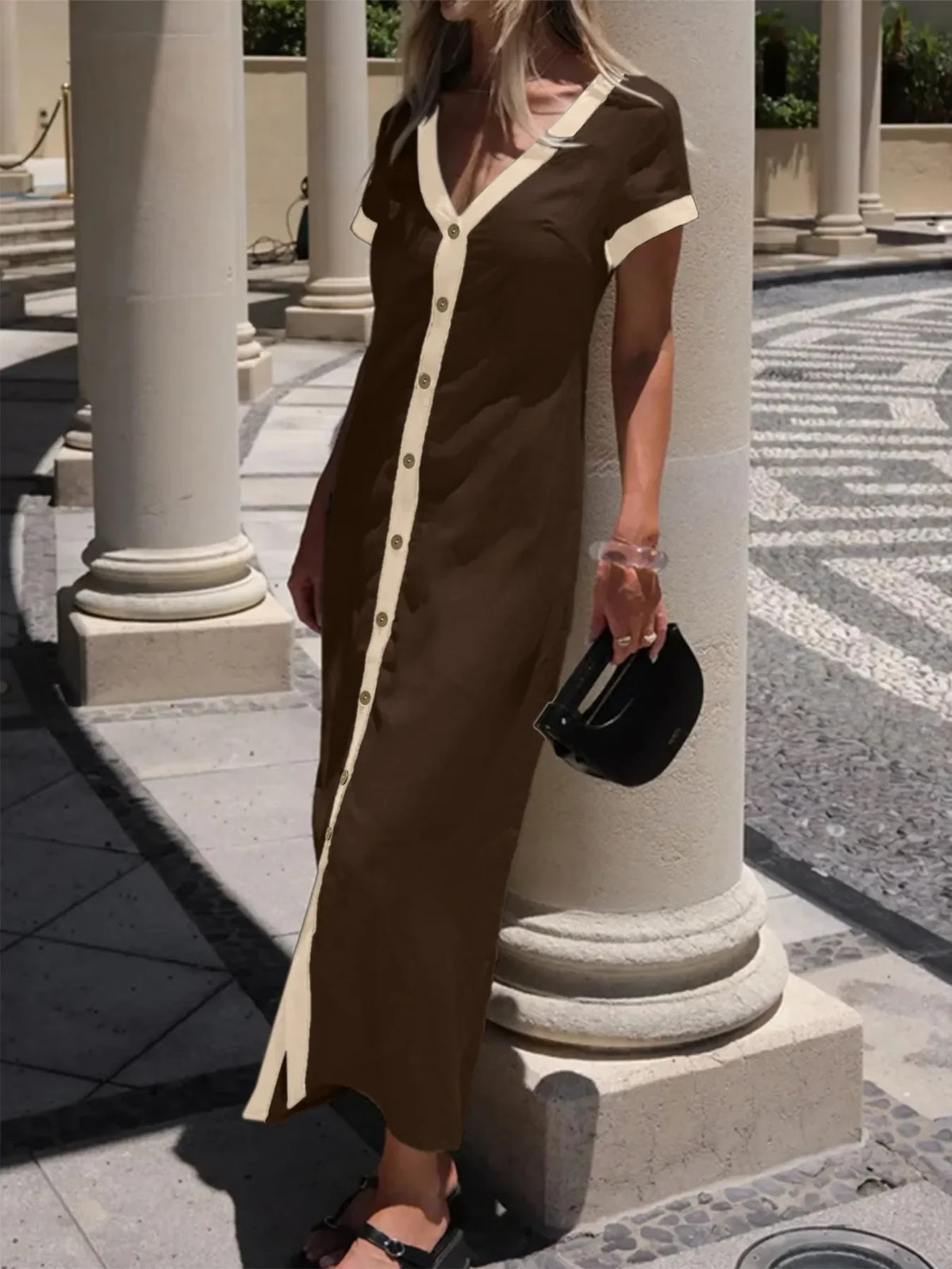 Button-Front Contrast Trim Midi Dress