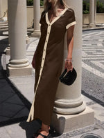 Button-Front Contrast Trim Midi Dress
