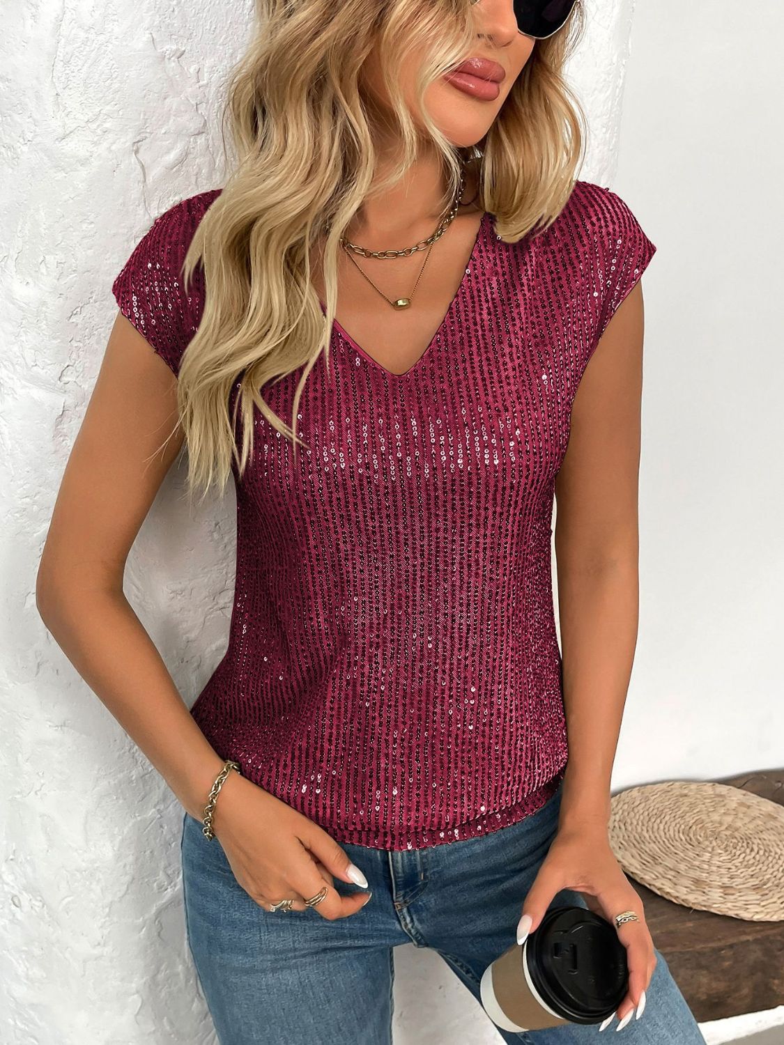 Sequin V-Neck Cap Sleeve Top - Ladyez