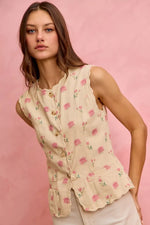 SO ME Floral Rose Cotton Twill Scallop Button Vest Top