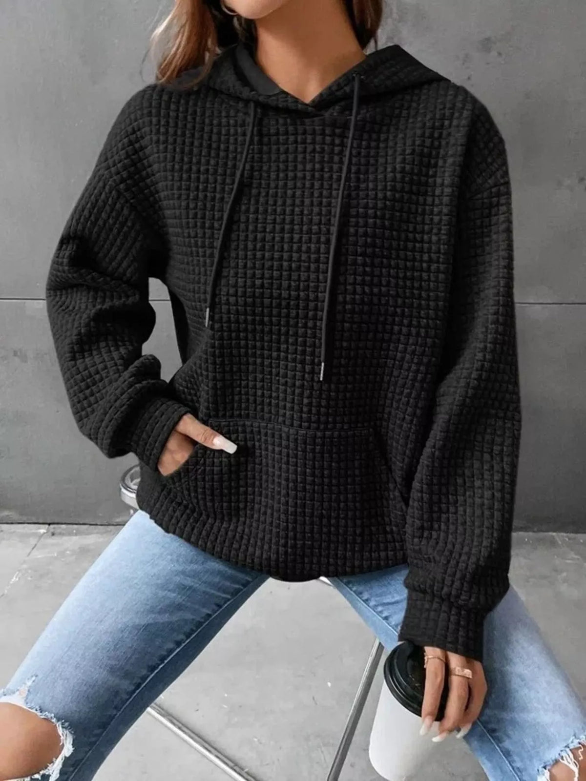 Waffle Knit Hoodie with Drawstring Details