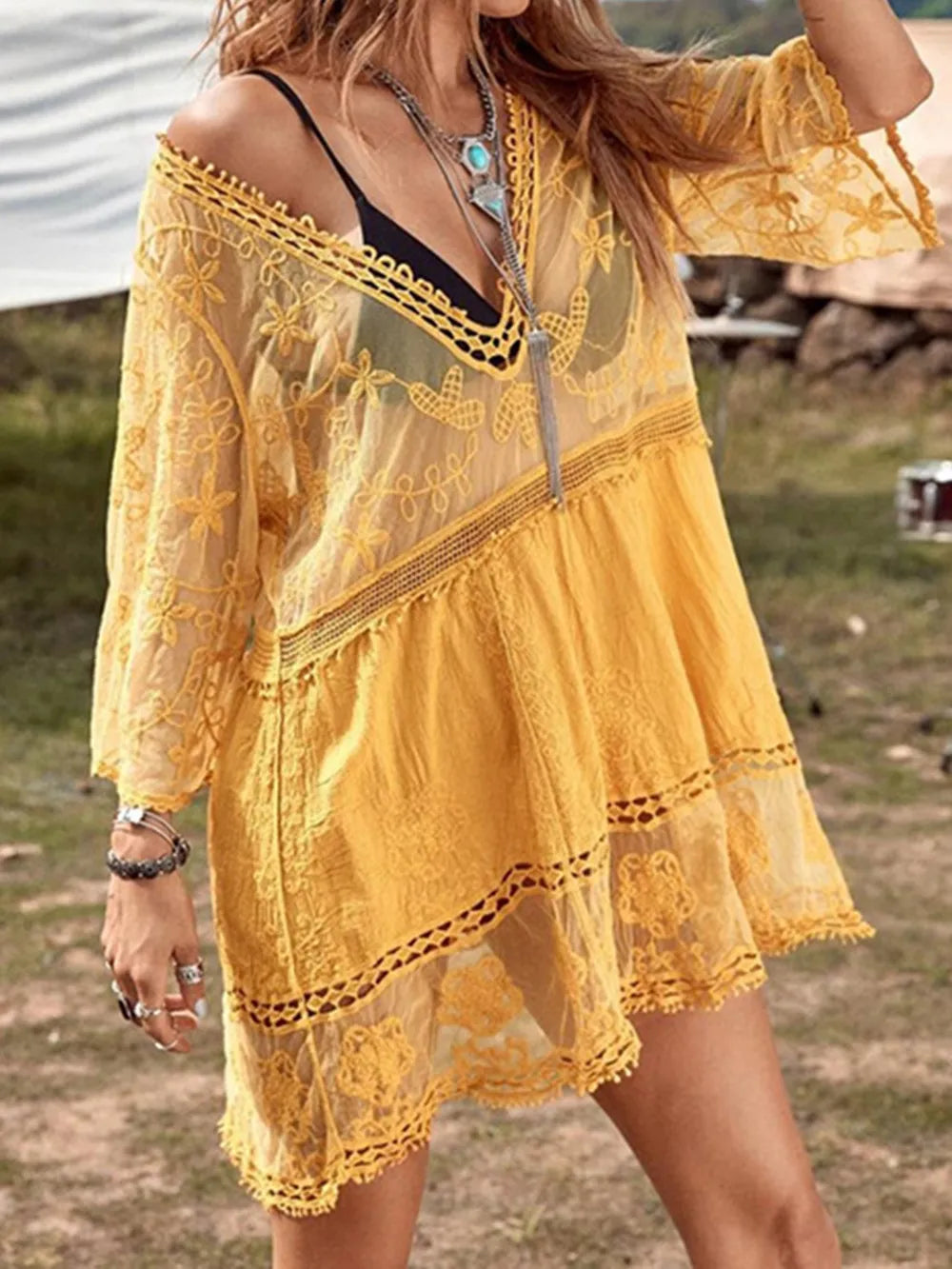 Lace Detail Plunge Cover-Up Dress - Ladyez