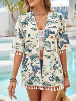 Tassel Printed Open Front Half Sleeve Cover-Up - Ladyez