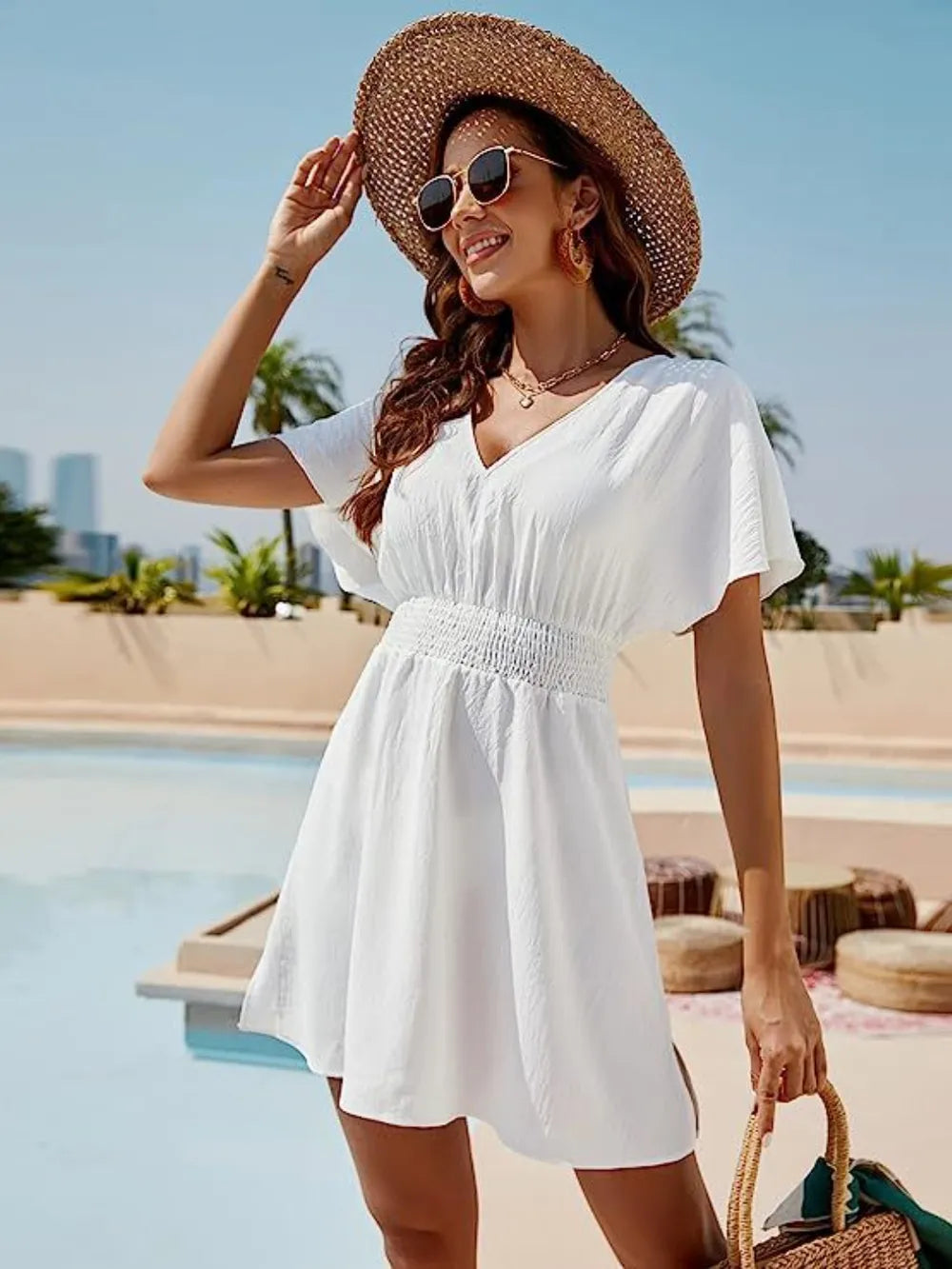 Smocked V-Neck Short Sleeve Dress - Ladyez