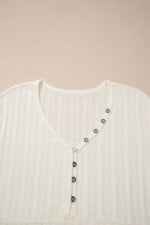 Ribbed Knit Button Detail V-Neck T-Shirt