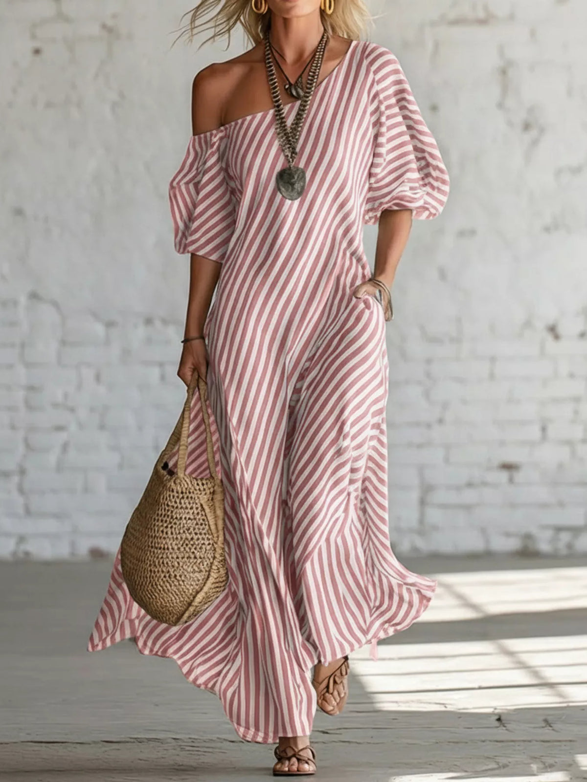 Full Size Striped One-Shoulder Casual Maxi Dress Plus Size