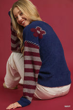 Umgee Flower Jacquard Striped Long Sleeve Sweater