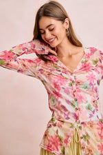 BiBi Floral Shrried Detail Button Up Mesh Cardigan Top