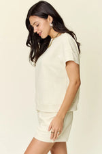 Double Take Full Size Texture Short Sleeve T-Shirt and Drawstring Shorts Set - Ladyez