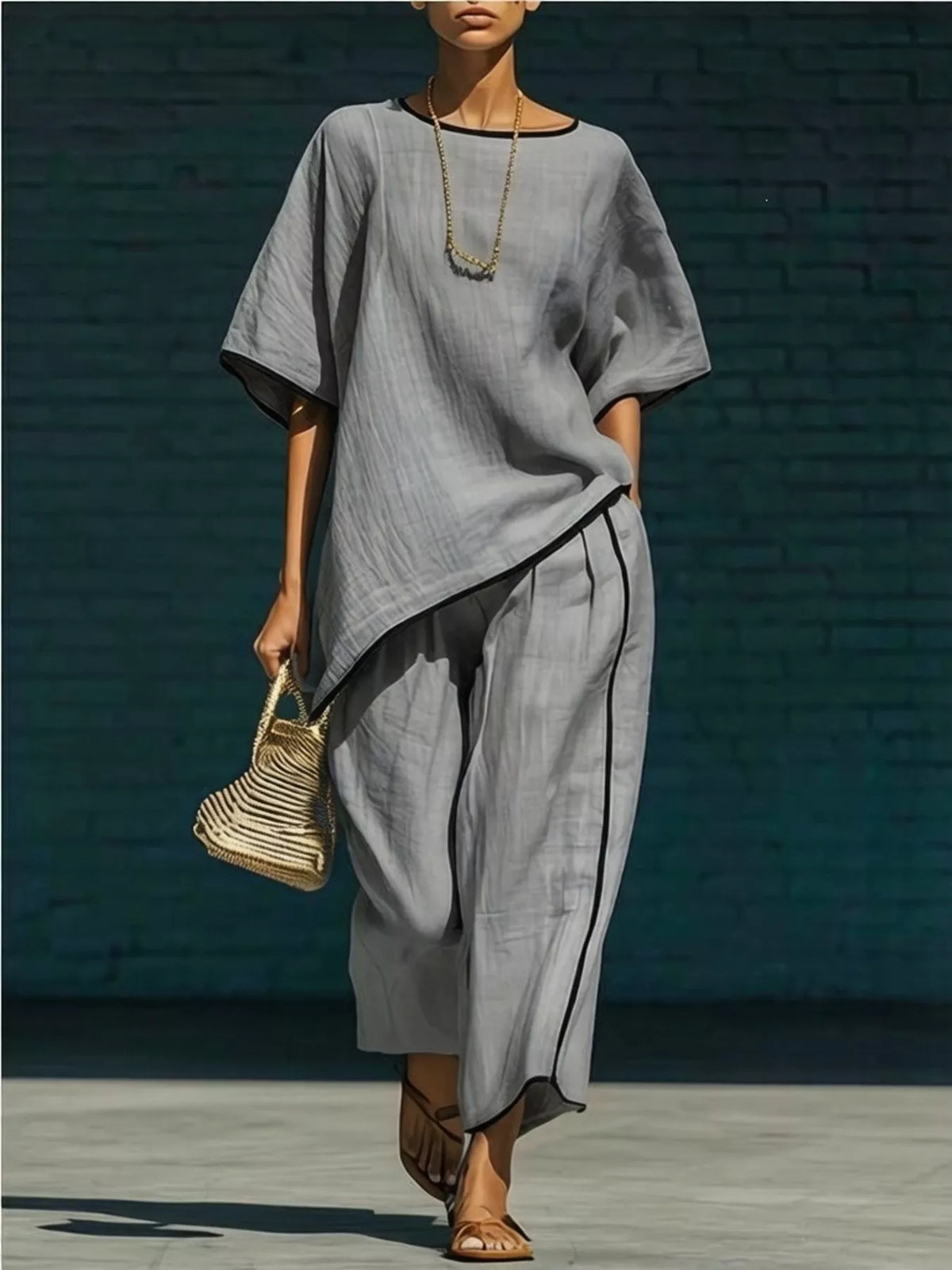 Contrast Trim Round Neck Top and Pants Set