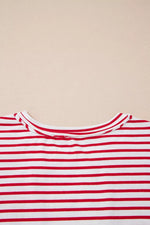 Stripe Floral Puff Sleeve Patchwork Round Neck Loose Top