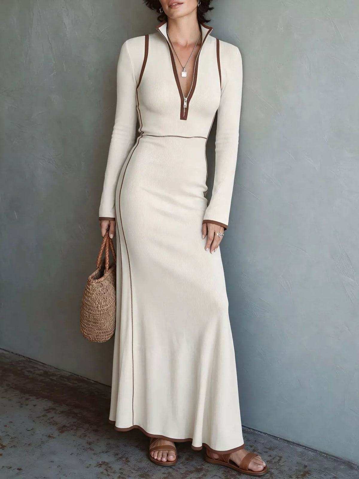 Full Size Contrast Trim Zip-Up Long Sleeve Knit Maxi Dress Plus Size