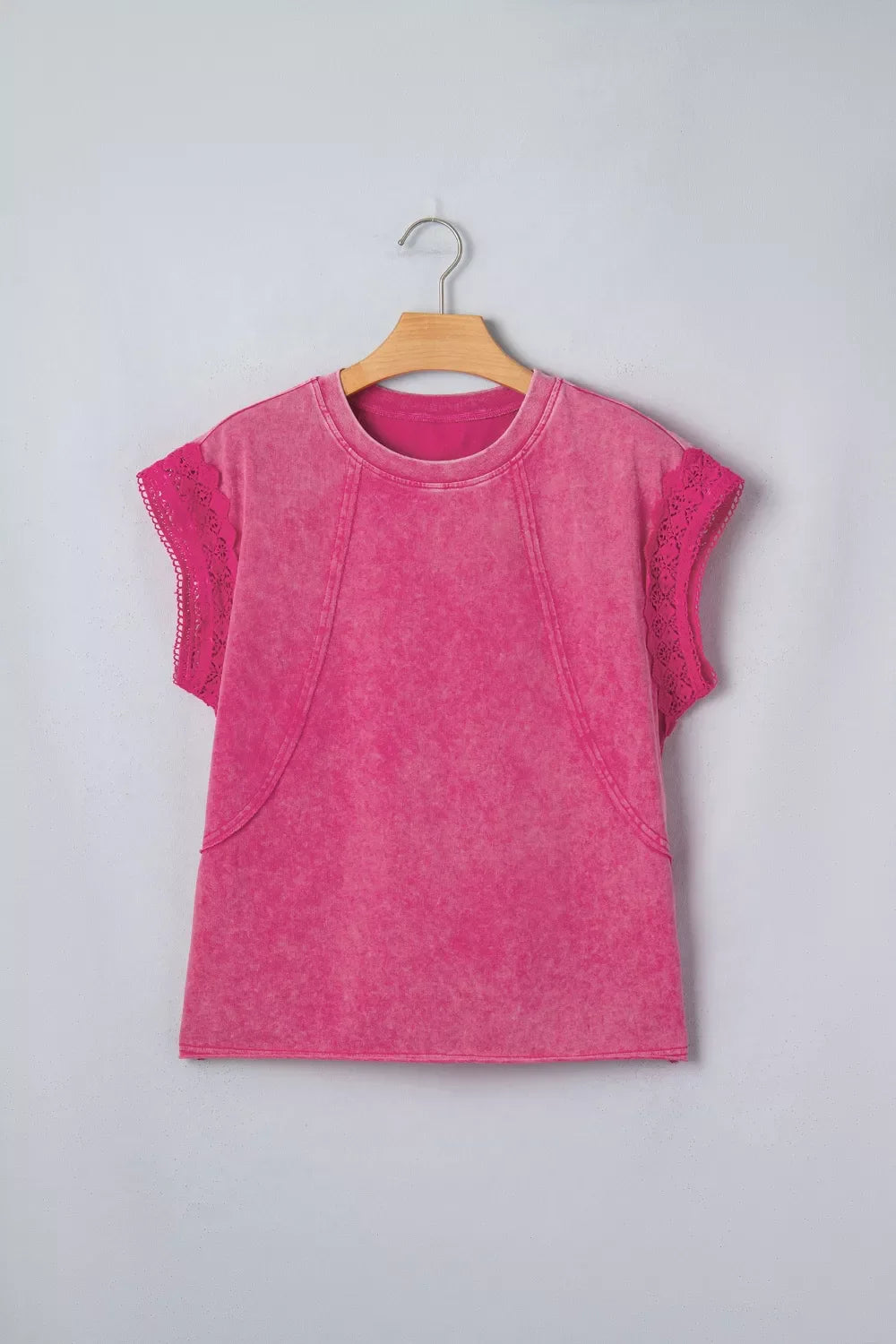 Mineral Wash Raw Seam Detail Lace Trim Cap Sleeve Top