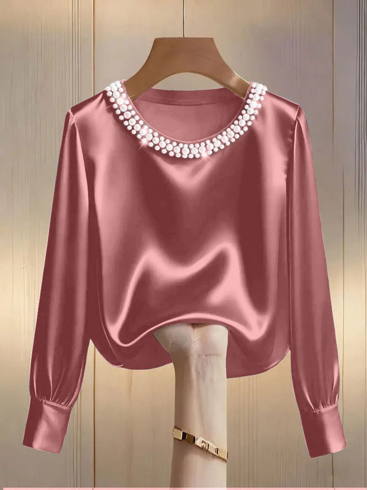 Pearl Trim Round Neck Silk Blouse