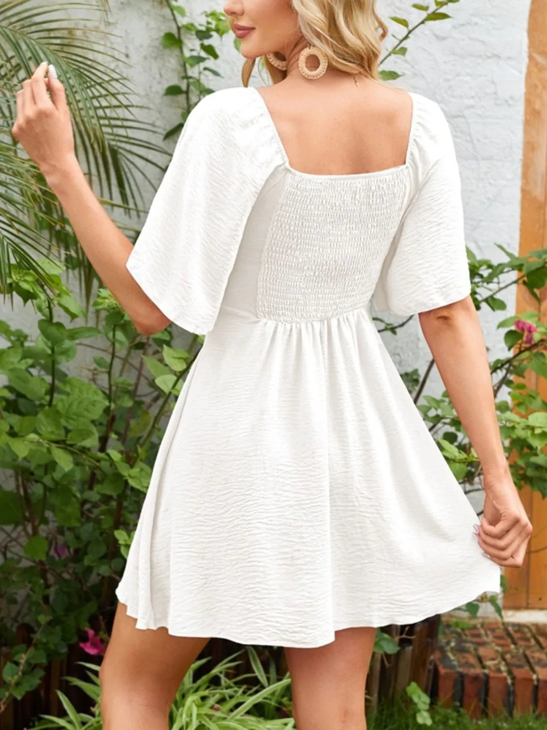 Smocked Back Knotted Flutter Sleeve Dress - Ladyez