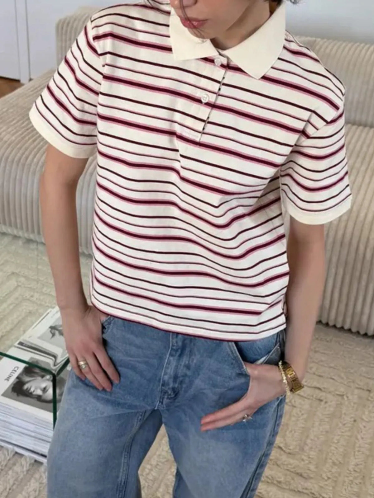 Striped Polo T-Shirt with Contrast Collar - Ladyez