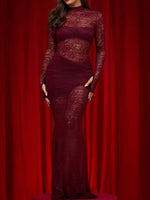 Lace Sheer Mock Neck Long Sleeve Maxi Dress