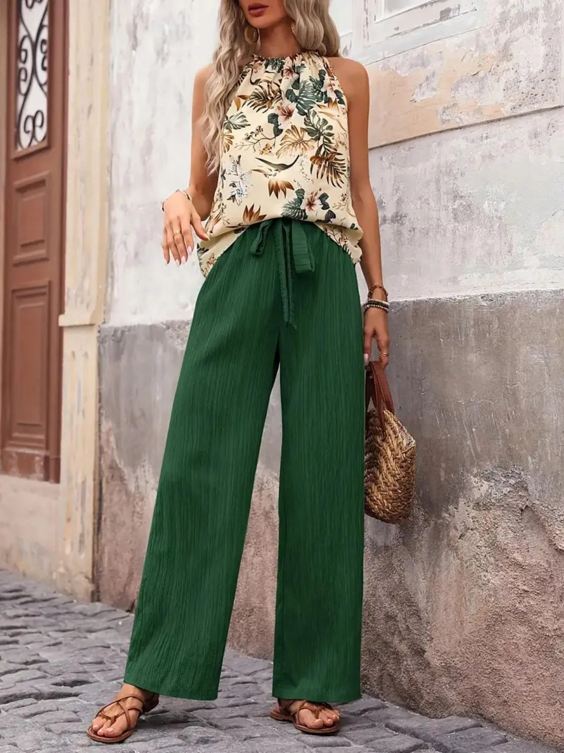 Printed Tank Top and Wide Leg Pants Set - Ladyez